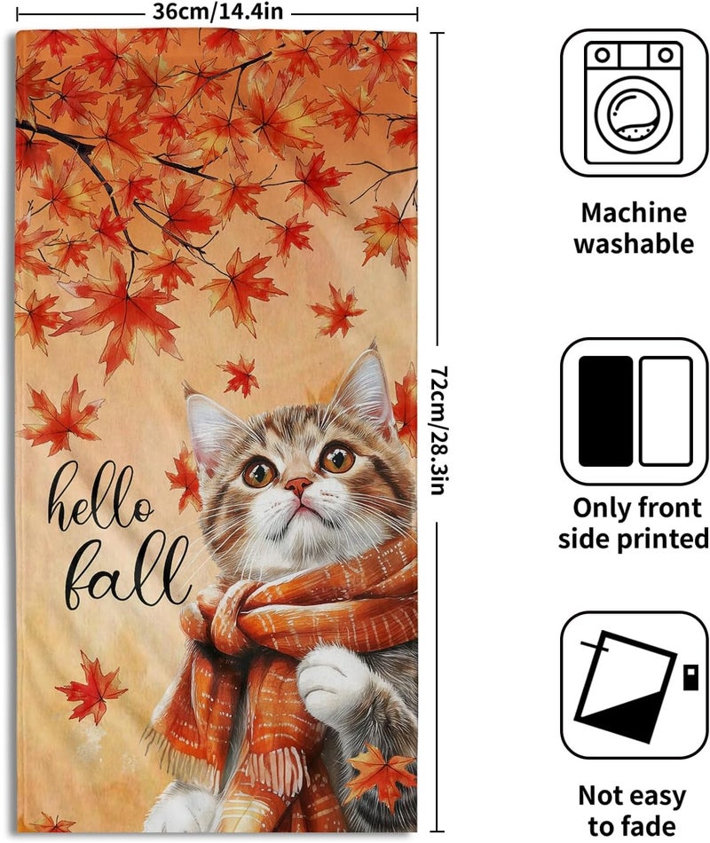 Granbey Hello Fall Hand Towel Autumn Cat Maple Leaves Kitchen Towels Set of 2 Soft Absorbent Face Towels Cute Animal Orange Leaves Small Bath Towel for Home Bathroom Hotel Spa Gym 14.4"x 28.3" - Image 2